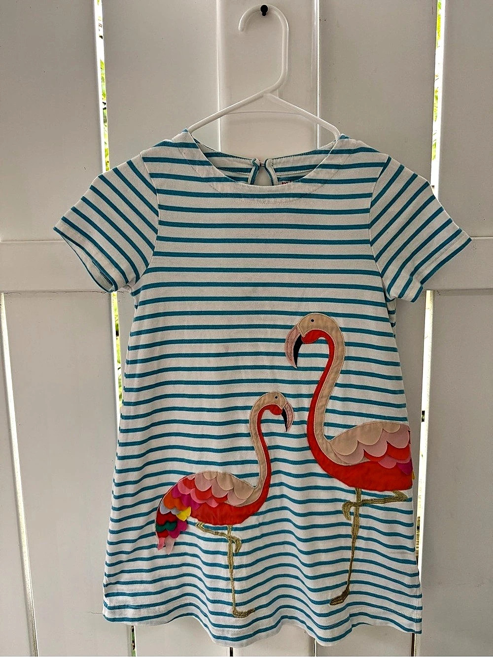 mini Boden Flamingo Applique Striped Dress, Blue & White, 7-8Y